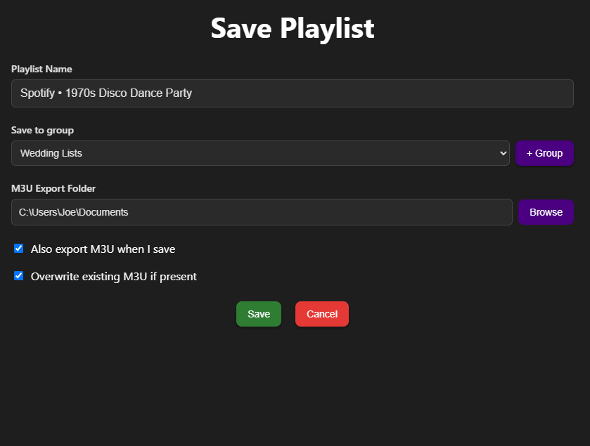 Save & Export Playlists interface showing save options and export formats