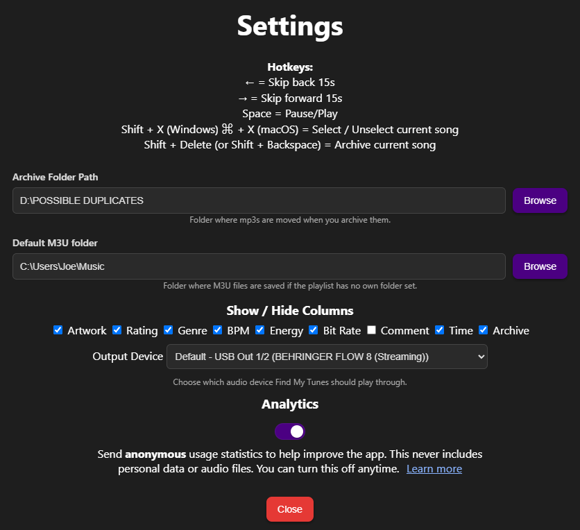 Find My Tunes Settings page showing hotkeys, folder paths, and preferences